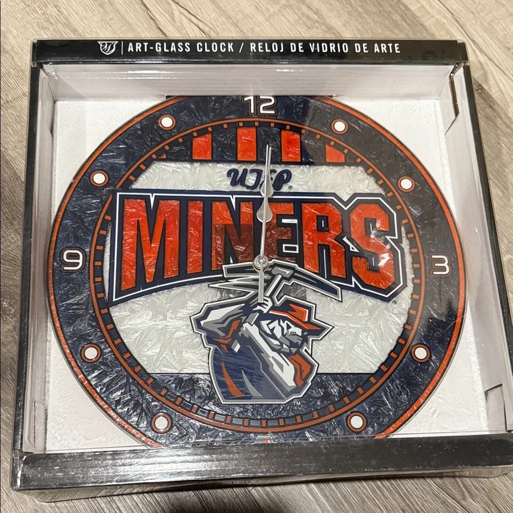 UTEP Miners Art-Glass Wall Clock - Orange and Blue